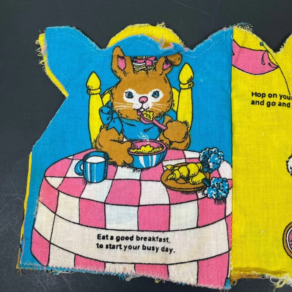 Vintage 1981 Little Simon Bunny‎ Fabric Book Page Panel Easter Spring Handmade
